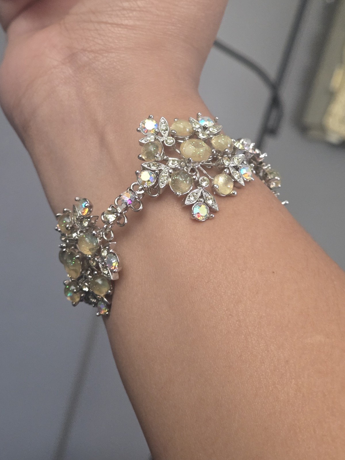 Vintage Tiara Misu Floral Cluster Link Bracelet Silver Tone AB Rhinestones