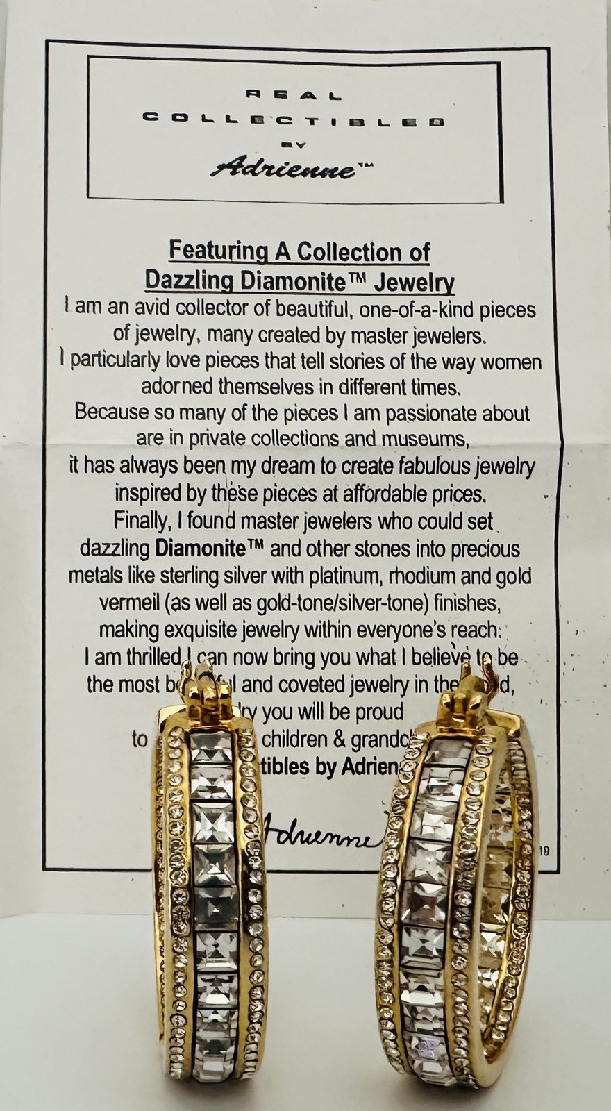 REAL COLLECTIBLES BY ADRIENNE Gold Tone Rhinestone Round Earrings 1”