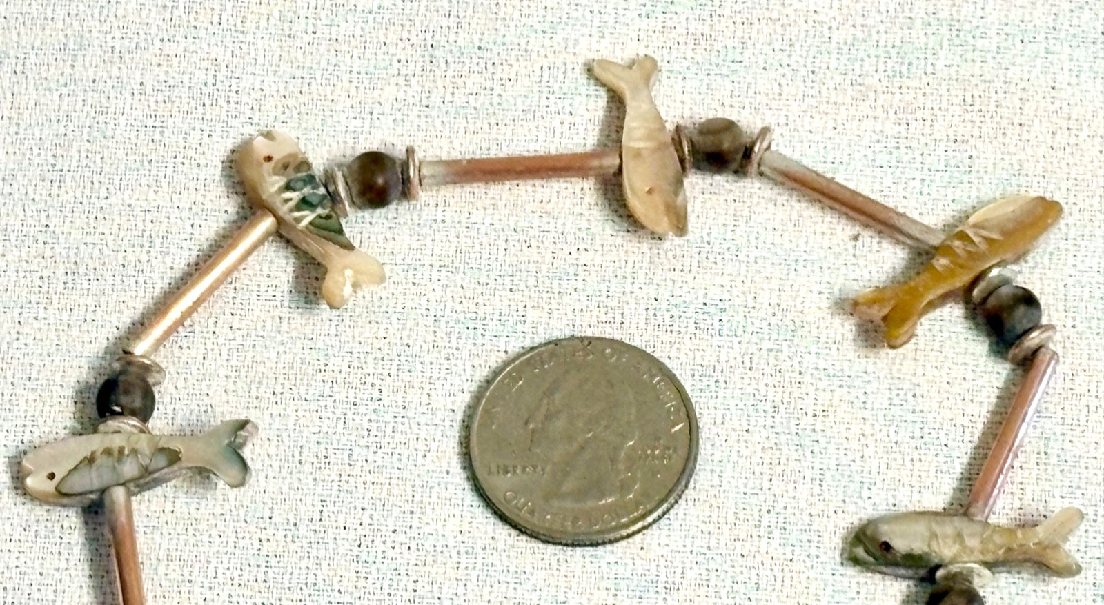 VTG. Unusual Copper Tubing & Mother of Pearl Fish Fetish Necklace, 32”, 10 Fish