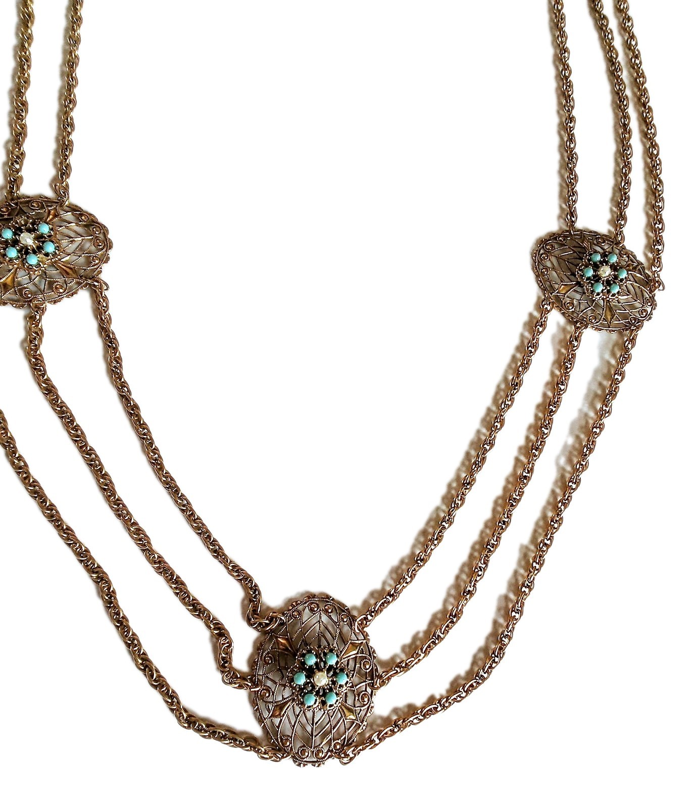 Vintage Gold Tone Chain With Faux Turquoise And Pearl Necklace Or Belt