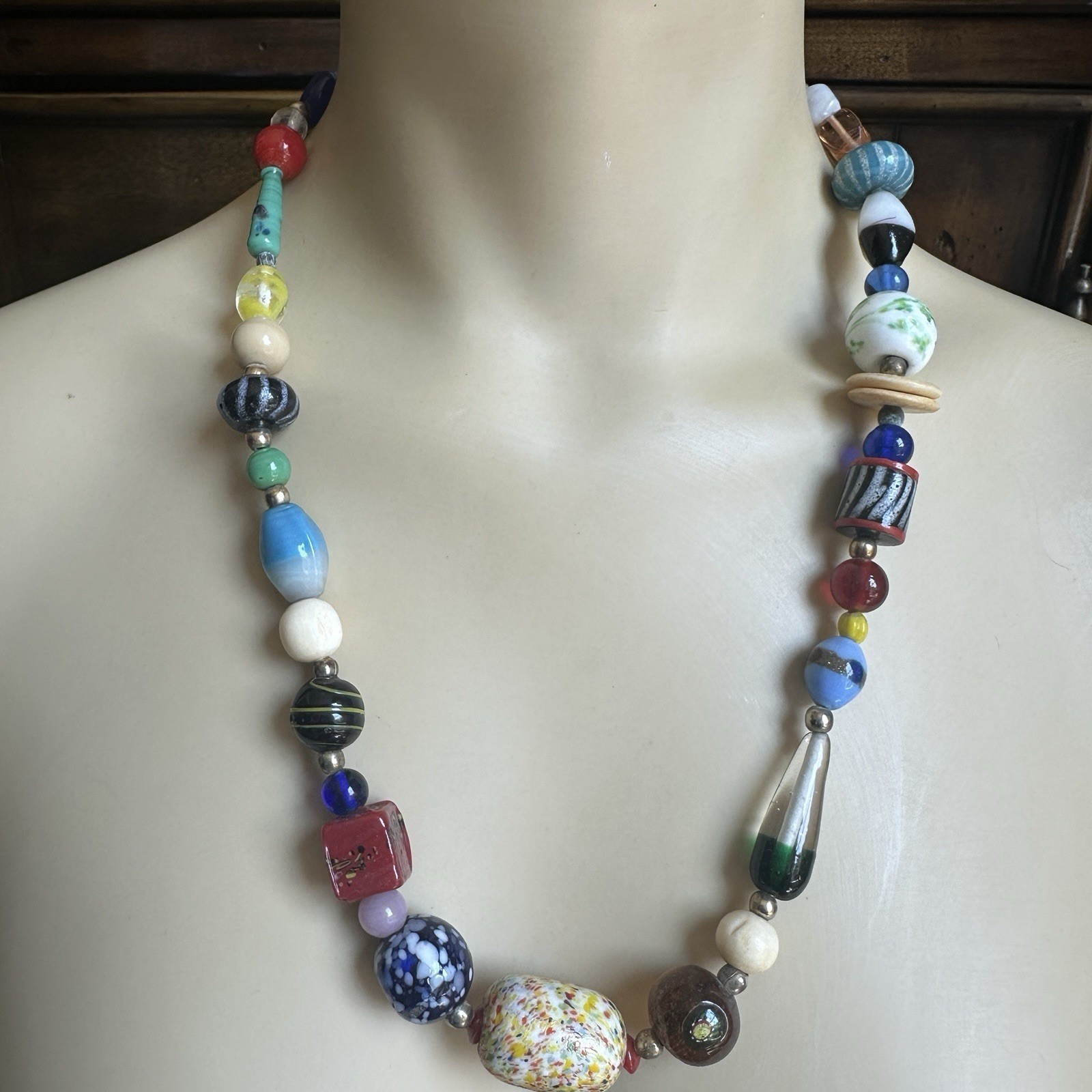 VTG Beaded Necklace 22 Inch Artisan Lamp Art Glass Multicolor Freeform Hippie