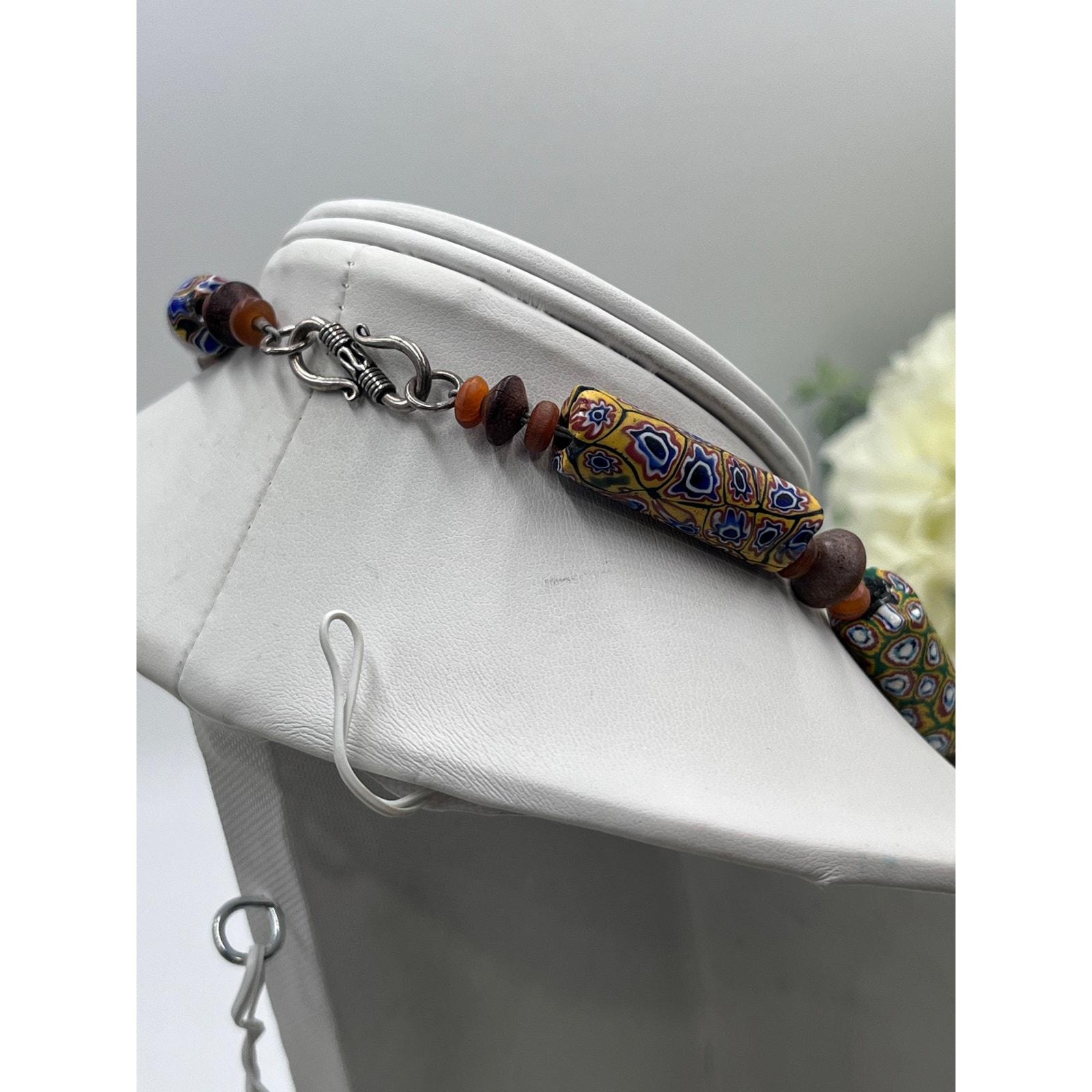 Antique Sterling Millefiori African Trade Bead Amber Resin Bakelite Necklace