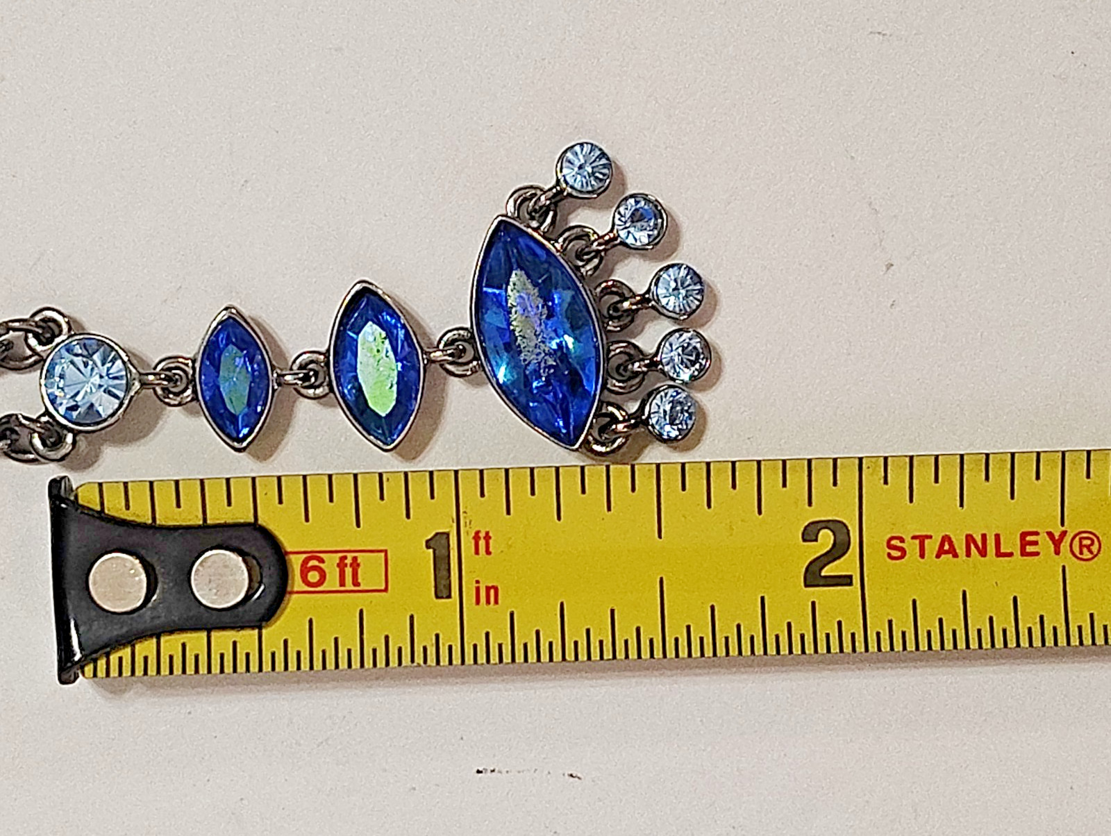 Vintage GIVENCHY Y-Drop Gunmetal & Blue Crystal Rhinestone Necklace 15″ – 17″