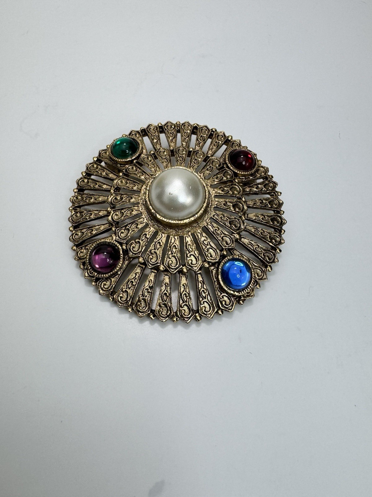 Vintage Gripoix Glass Cabochon Pearl Sunburst Brooch Gold Tone MCM