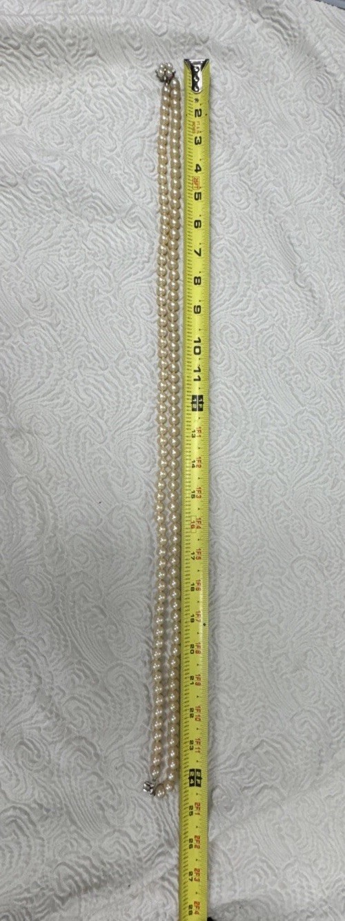 Vintage Hand Knotted Double Strand 24”Faux Pearls &Diamond Pearl Clasp 140 Grams