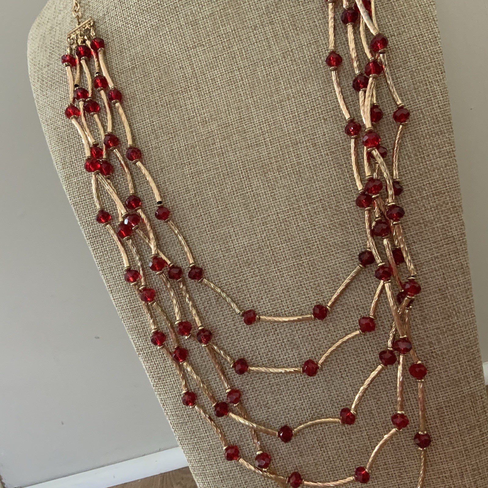 Vintage Red Bead Multi Strand Necklace Gold Tone Bar Link Layered