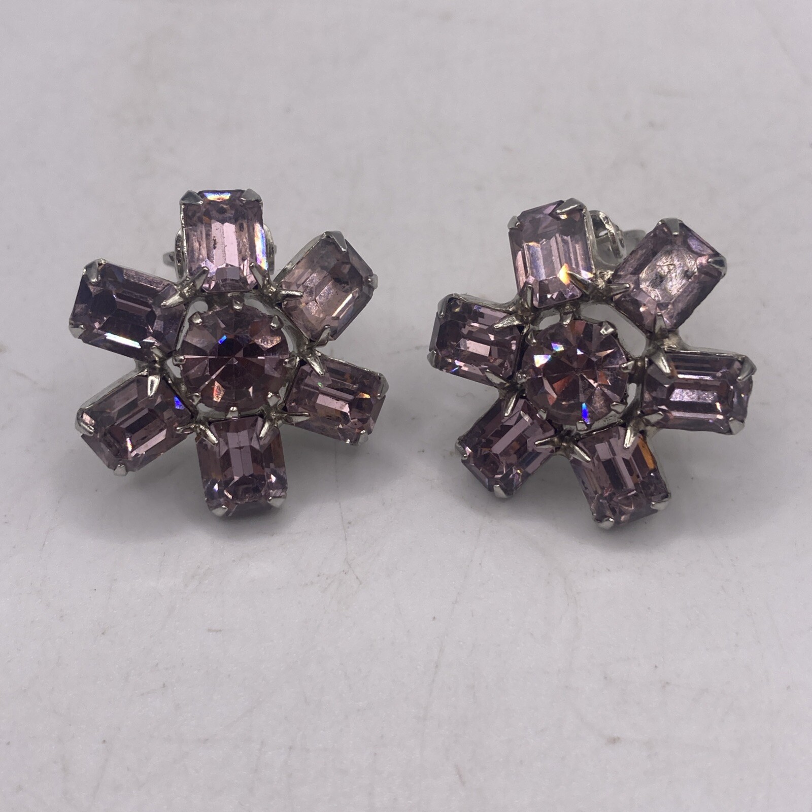 Vintage WEISS Emerald Cut Rare Pink Rhinestone Clip On Earrings 7 Stones, Signed