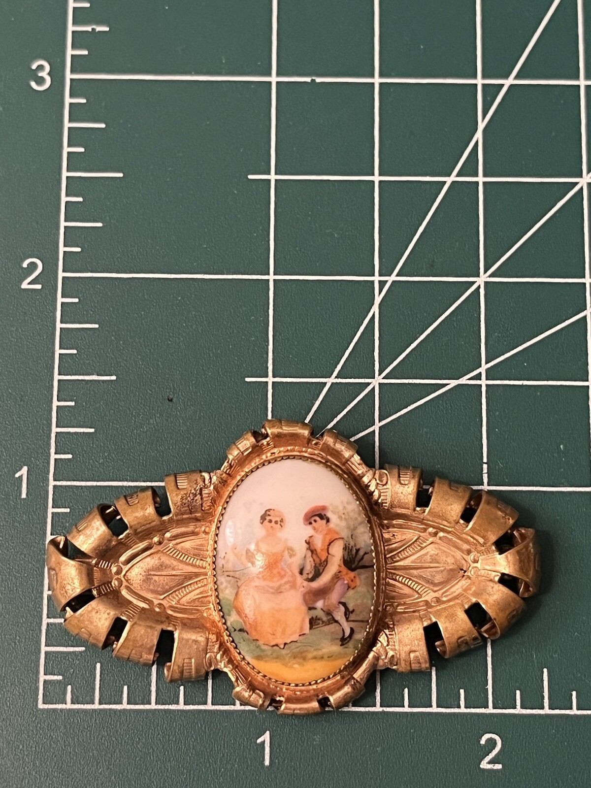 Vintage Austrian Porcelain Courting Couple Brooch Pat 206595 Gold Tone