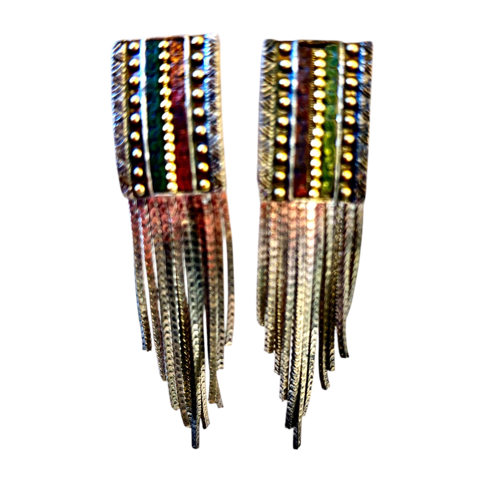 Vintage Turkish Metal Earrings Chain Fringe Dangle Tri-color CLIP-ON
