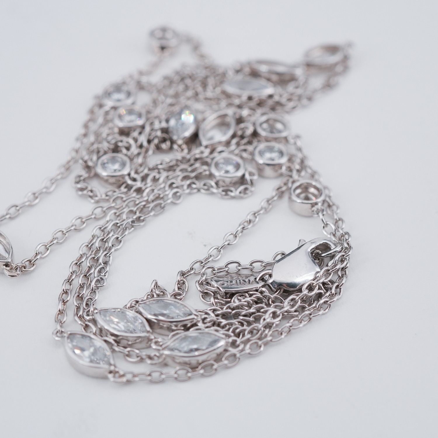 Sterling Silver CZ-by-the-Yard Station Necklace Marquise Round Open Bezel 36″