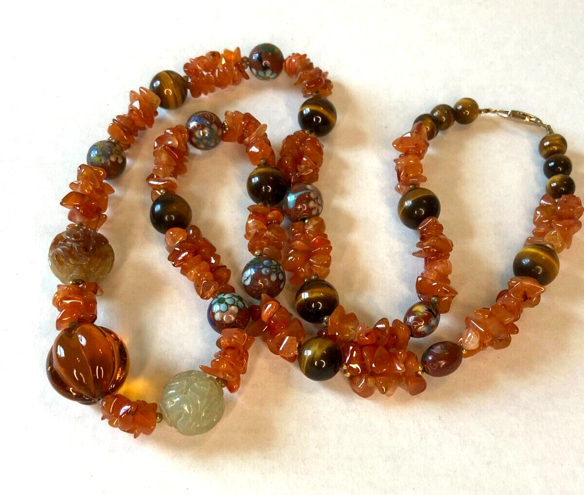 VTG Chinese Carved Jade Balls, Tiger’s Eye, Cloisonne & Carnelian Stone Necklace