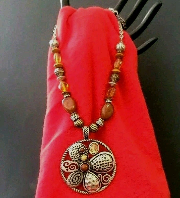 Art Nouveau Style Multi-color Beads Hammered Metal Necklace vtg Estate jewelry