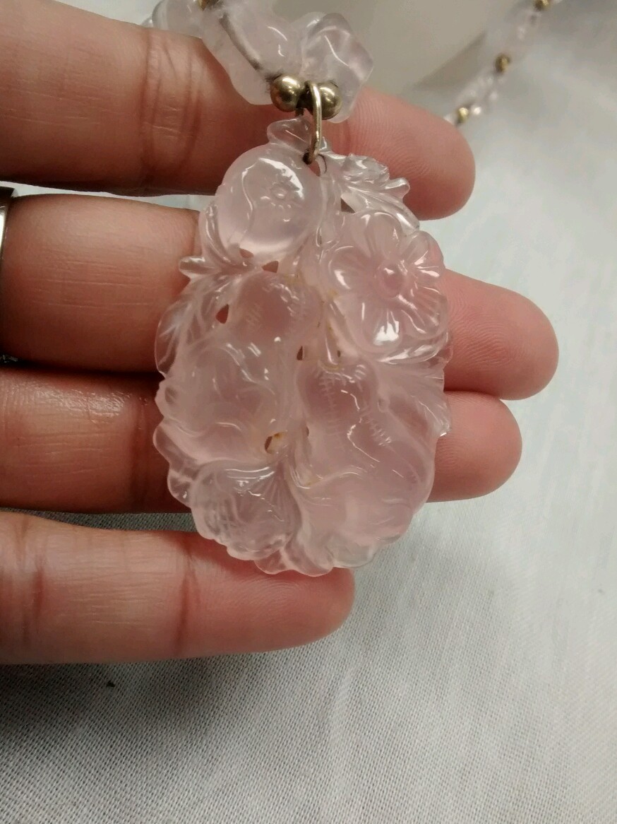Stunning antique art deco Chinese carved rose quartz 14k gold beads necklace