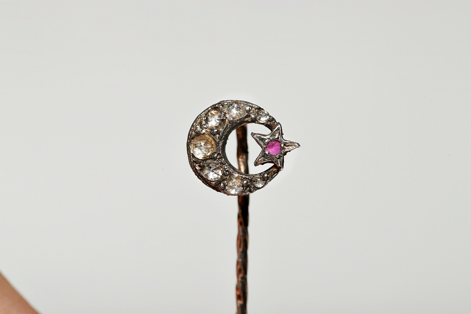 Antique 1900s Ottoman 10k Gold Natural Rose Cut Diamond Decorated Moon Brooch