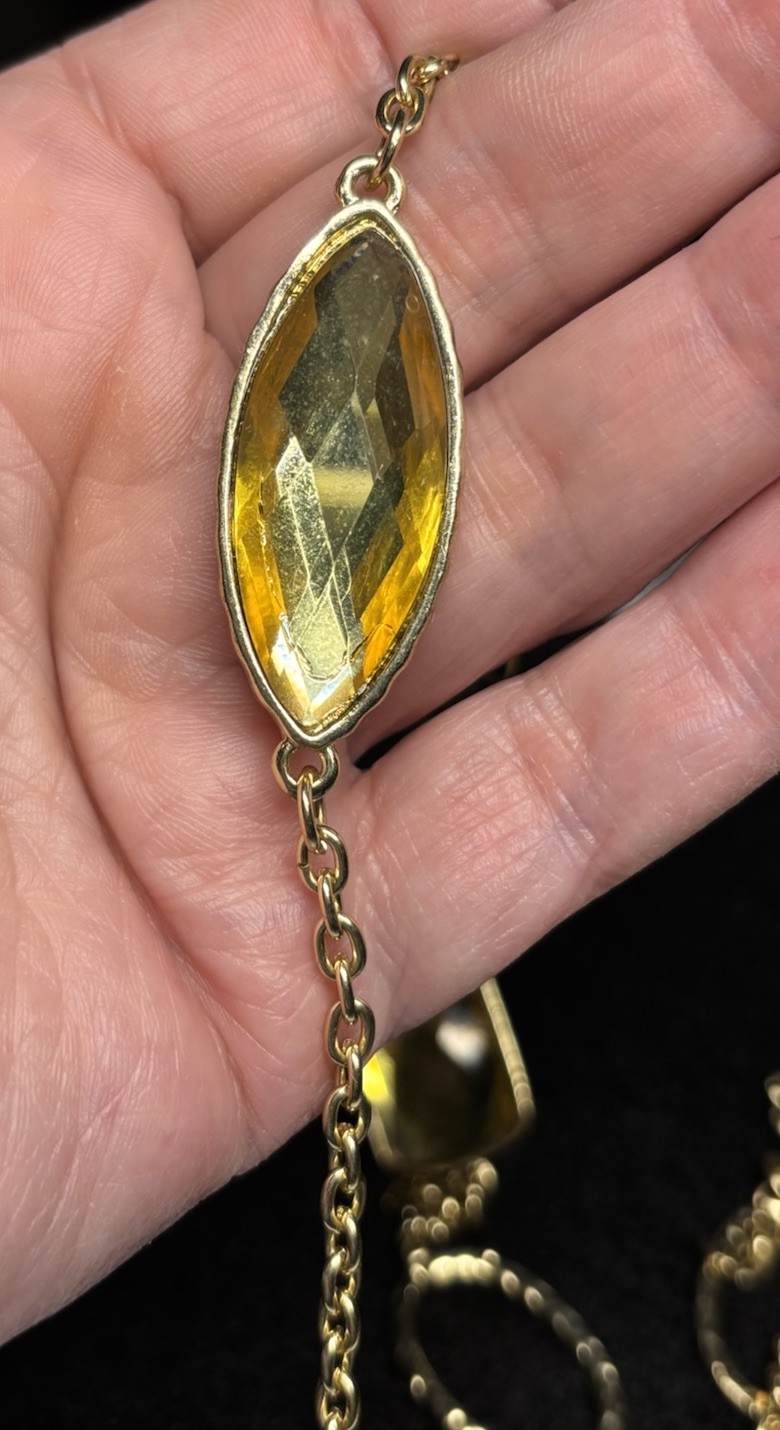 Vintage Necklace Faceted Acrylic VCLM Brown Yellow Green Stone 38” Metal