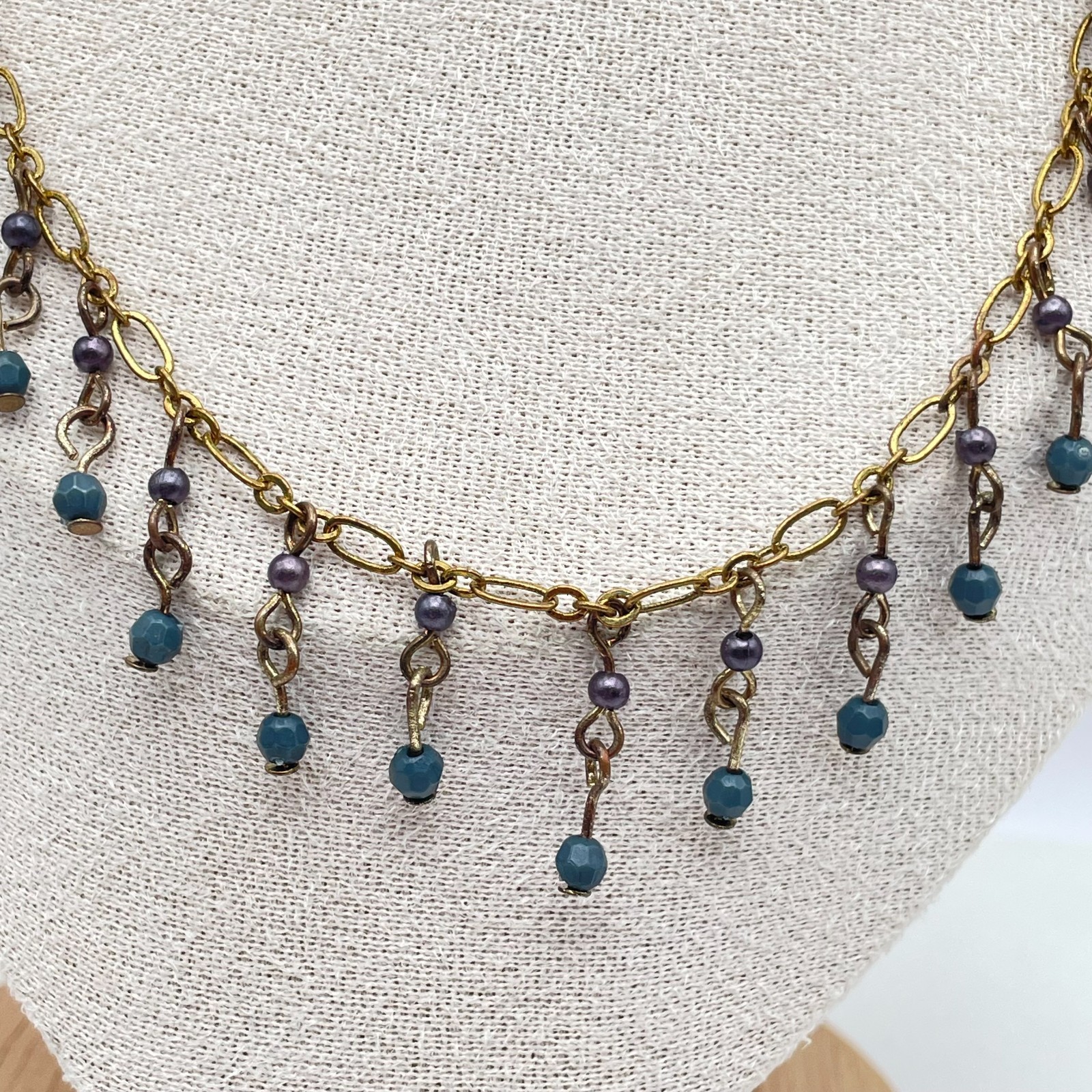 Vintage 90s Y2K Boho Gold Tone Fringe Bib Necklace Beaded Statement Necklace