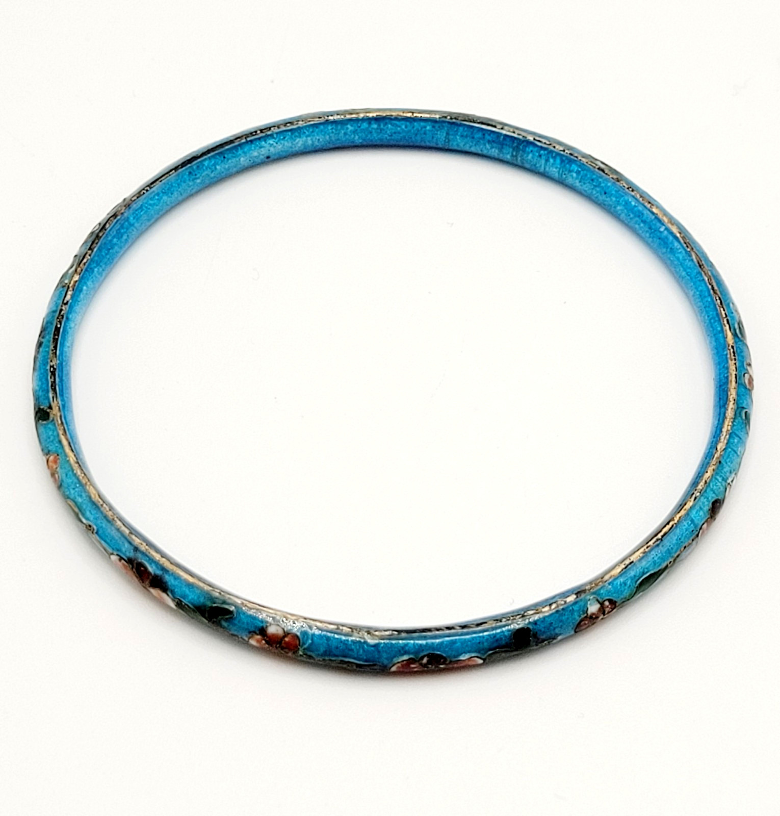 Cloisonné Light Blue Enamel Floral Hand Painted Asian Inspired Bangle Bracelet