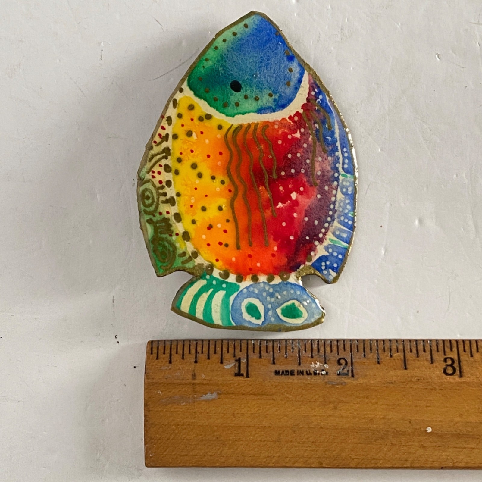 DJB Colorful Fish Watercolor Hand Painted Gold Rim Resin Pin Brooch 3x2in