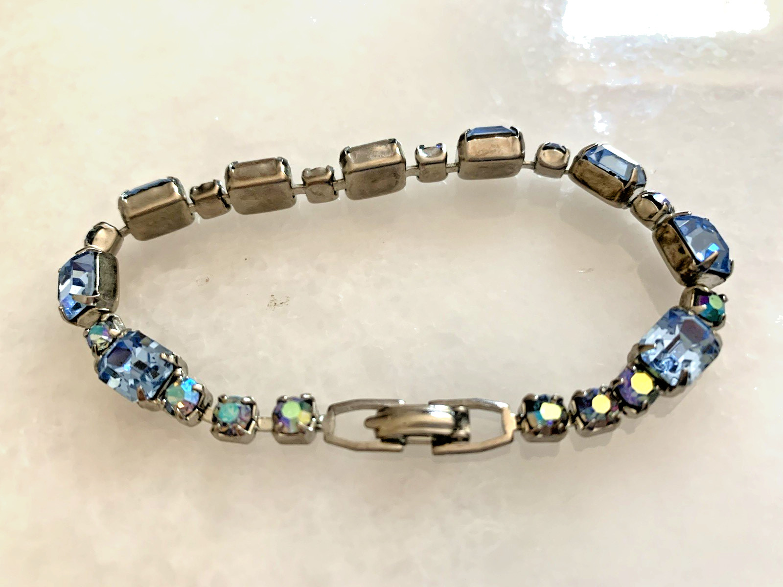 Weiss Vintage Blue Emerald and Round Cut Rhinestone Bracelet