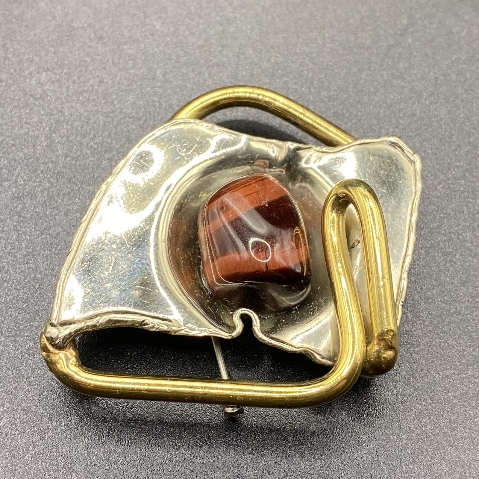 Vintage Brutalist Agate Brooch Abstract Two Toned