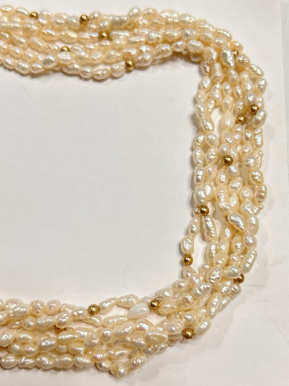 Long 56” Opera Length Necklace Rice Pearls & Gold Plated Beads, 2 Strand Twisted