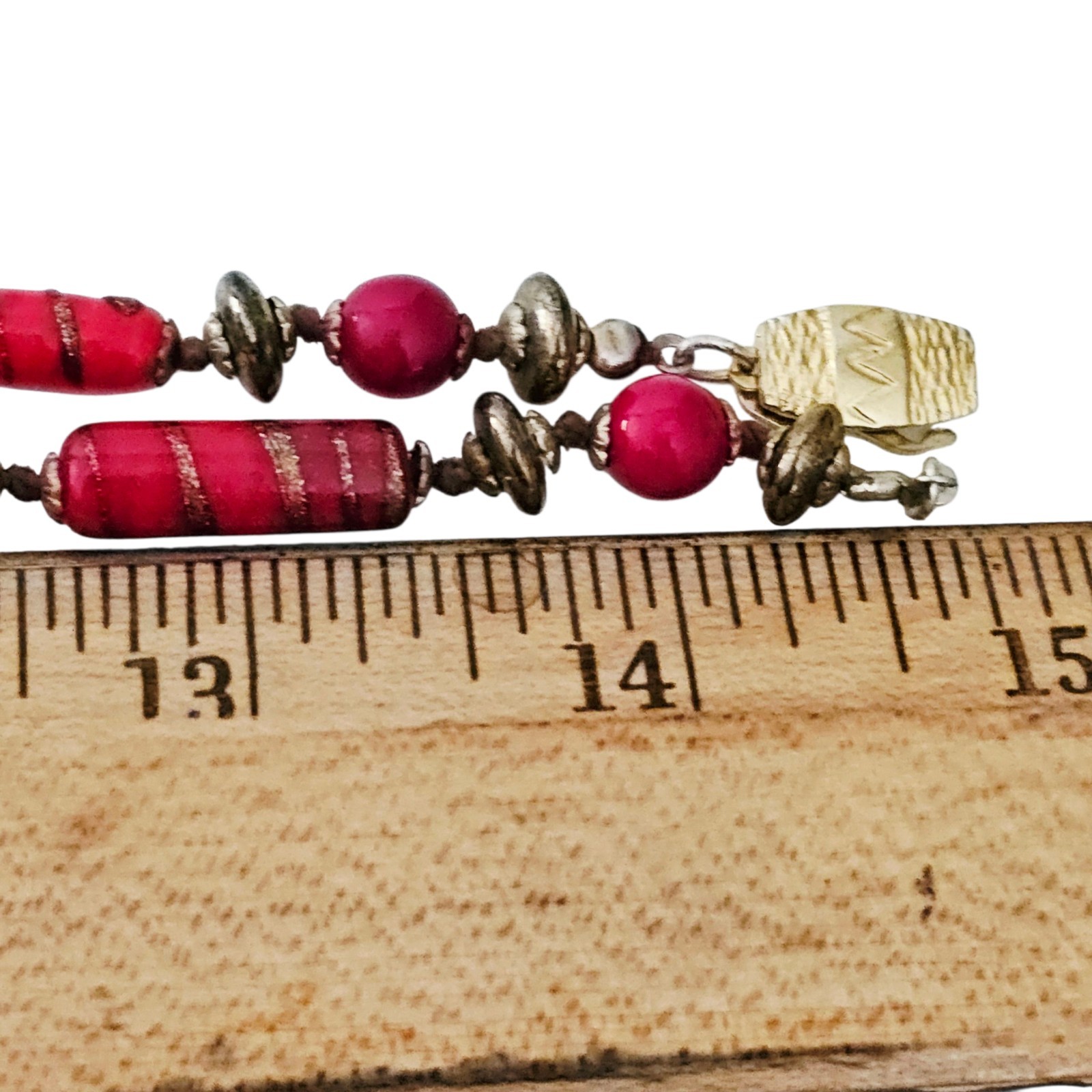 Venetian Murano Red Copper Wedding Cake Bead Necklace Hand Knot Vintage 30”