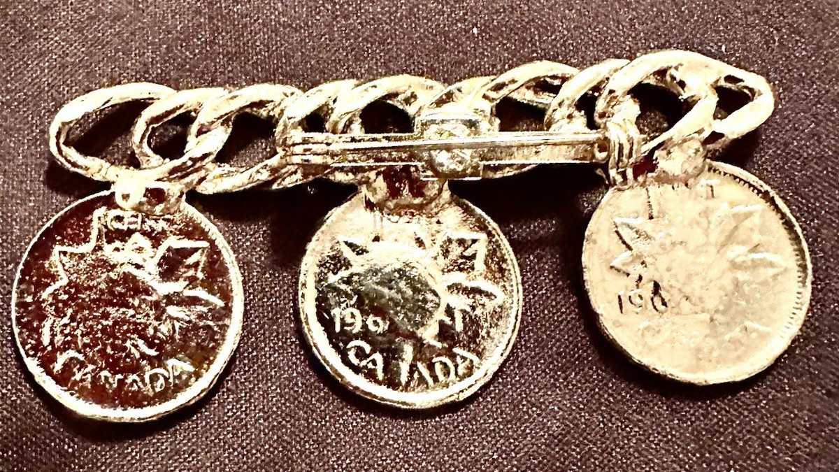 Vintage Gold Tone Faux Canada Coin Charm Brooch 1.6″ – Souvenir Collectible Pin
