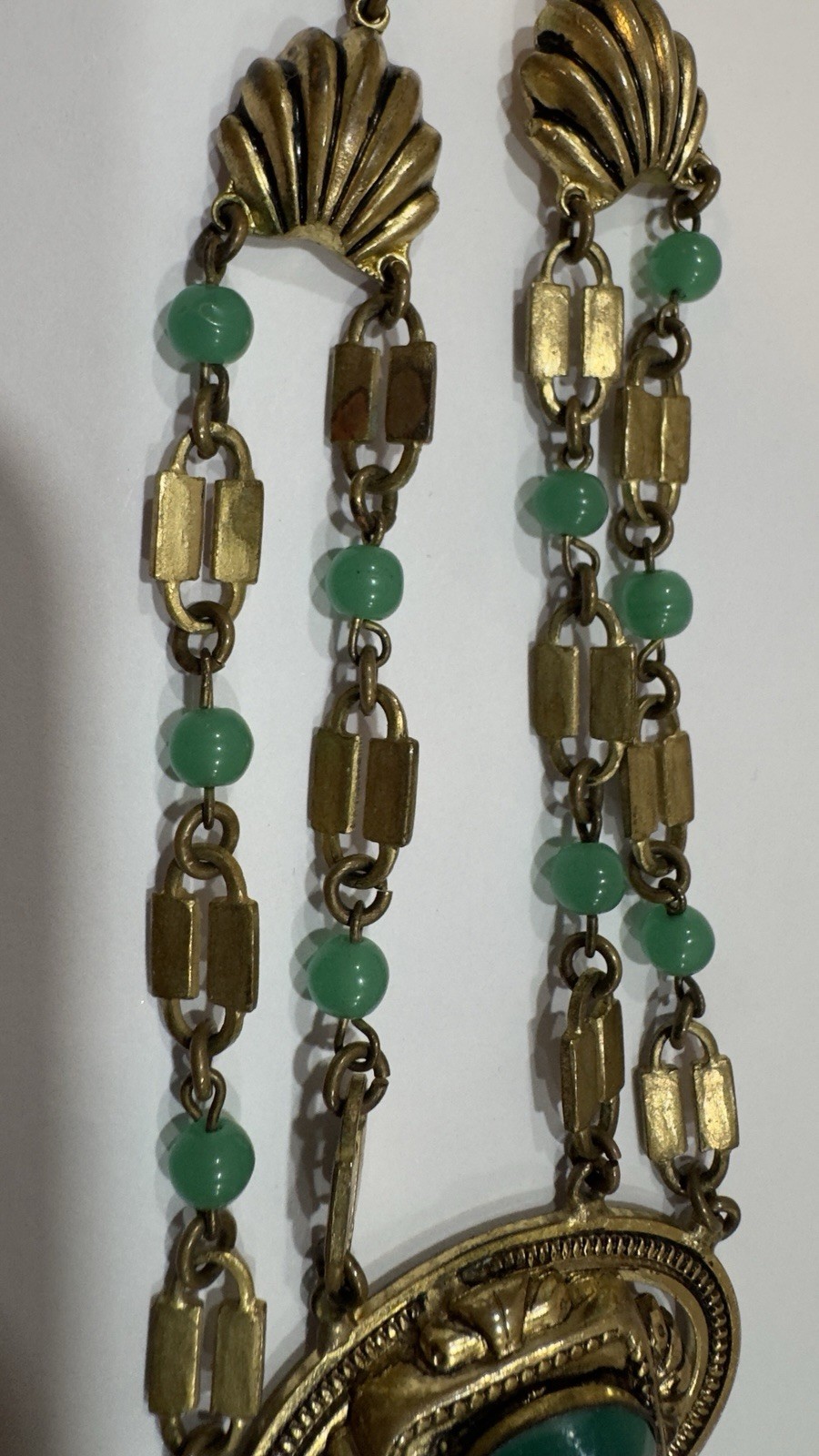 Antique Victorian Revival Green Chrysoprase Glass & Tassel Necklace Czech