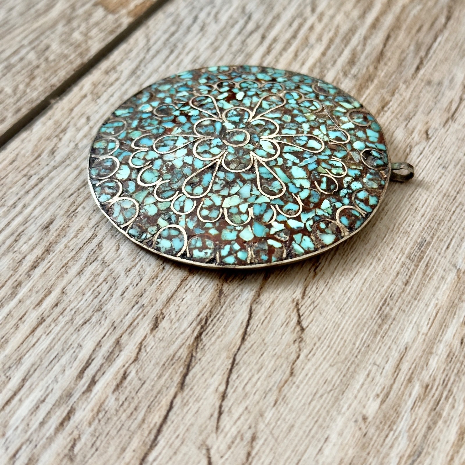 Vintage Mosaic Stone Chip Inlay Round Pendant Turquoise? Silver Tone Wire Work