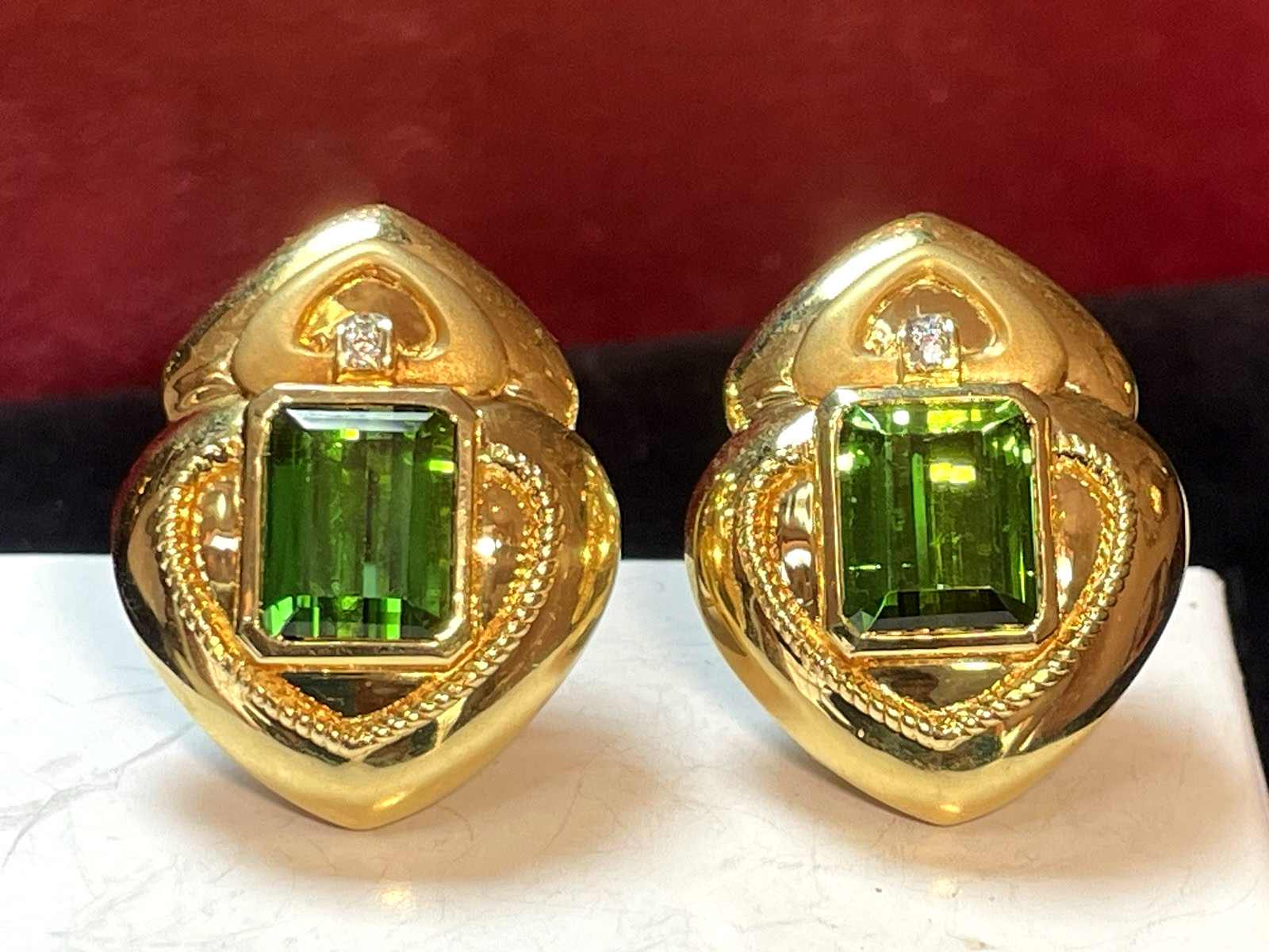 18K GOLD GREEN TOURMALINE & DIAMOND EARRINGS SIGNED OMEGA 23grs APPRAISAL $5,000