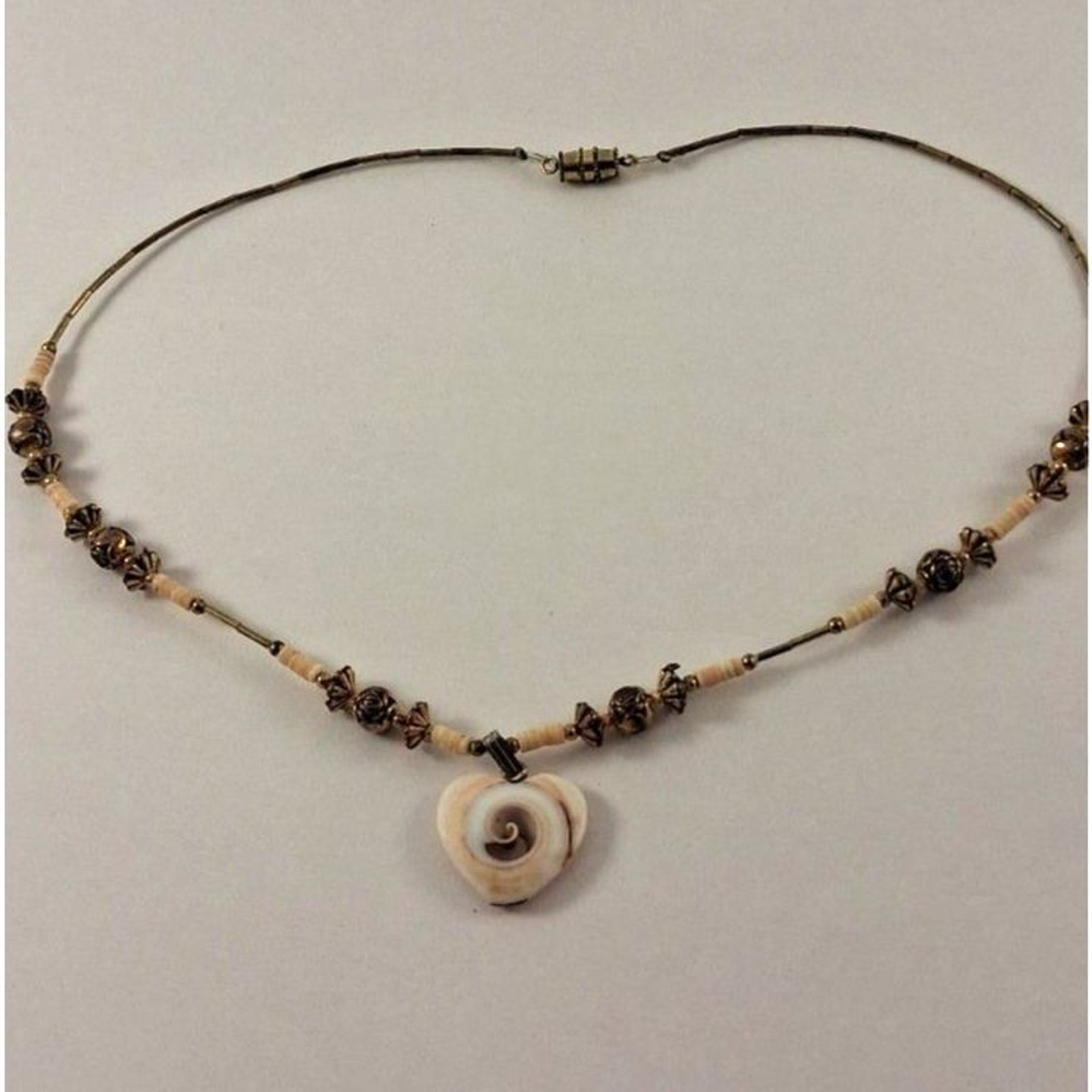 Artisan Beaded Choker with Natural Shell Pendant and Metal Beads 1970s – 1990s