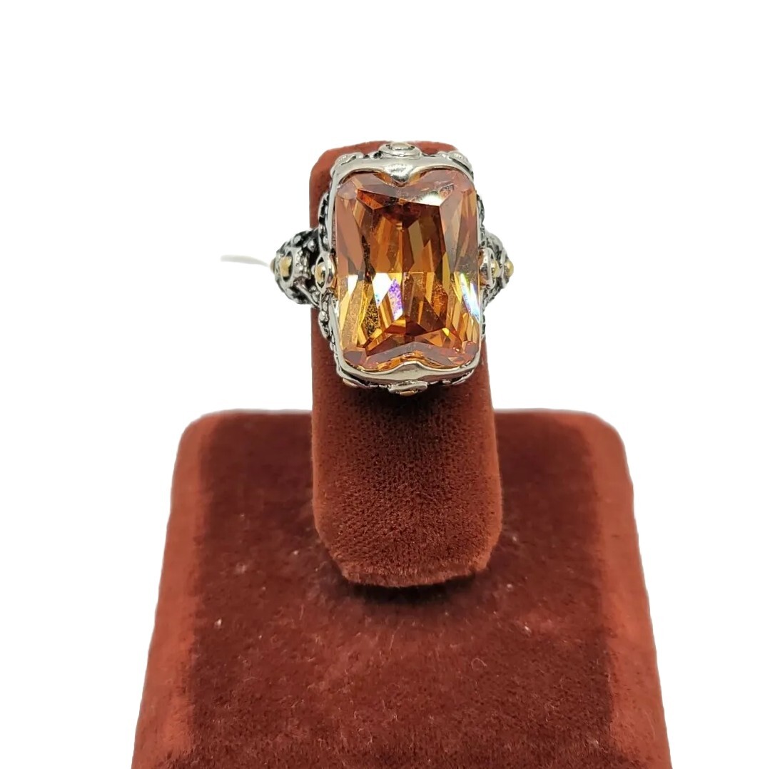 Vtg Sz 7 Ring Lg Citrine Topaz Cubic Zirconia 2-tone Statement Fashion Jewelry T