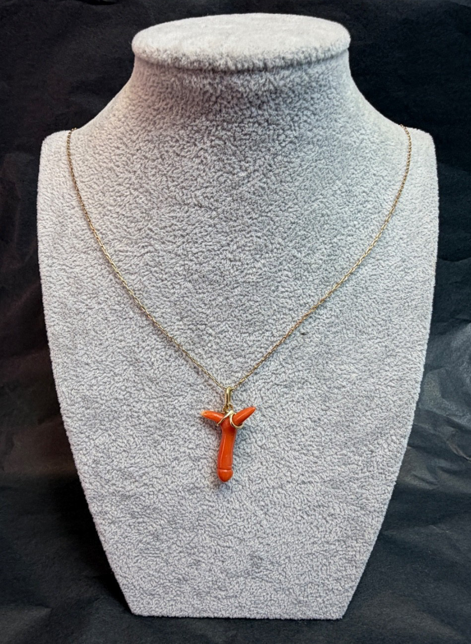 19c. Victorian 14k Gold Red Undyed Coral Phallus Fertility Amulet Fob Pendant