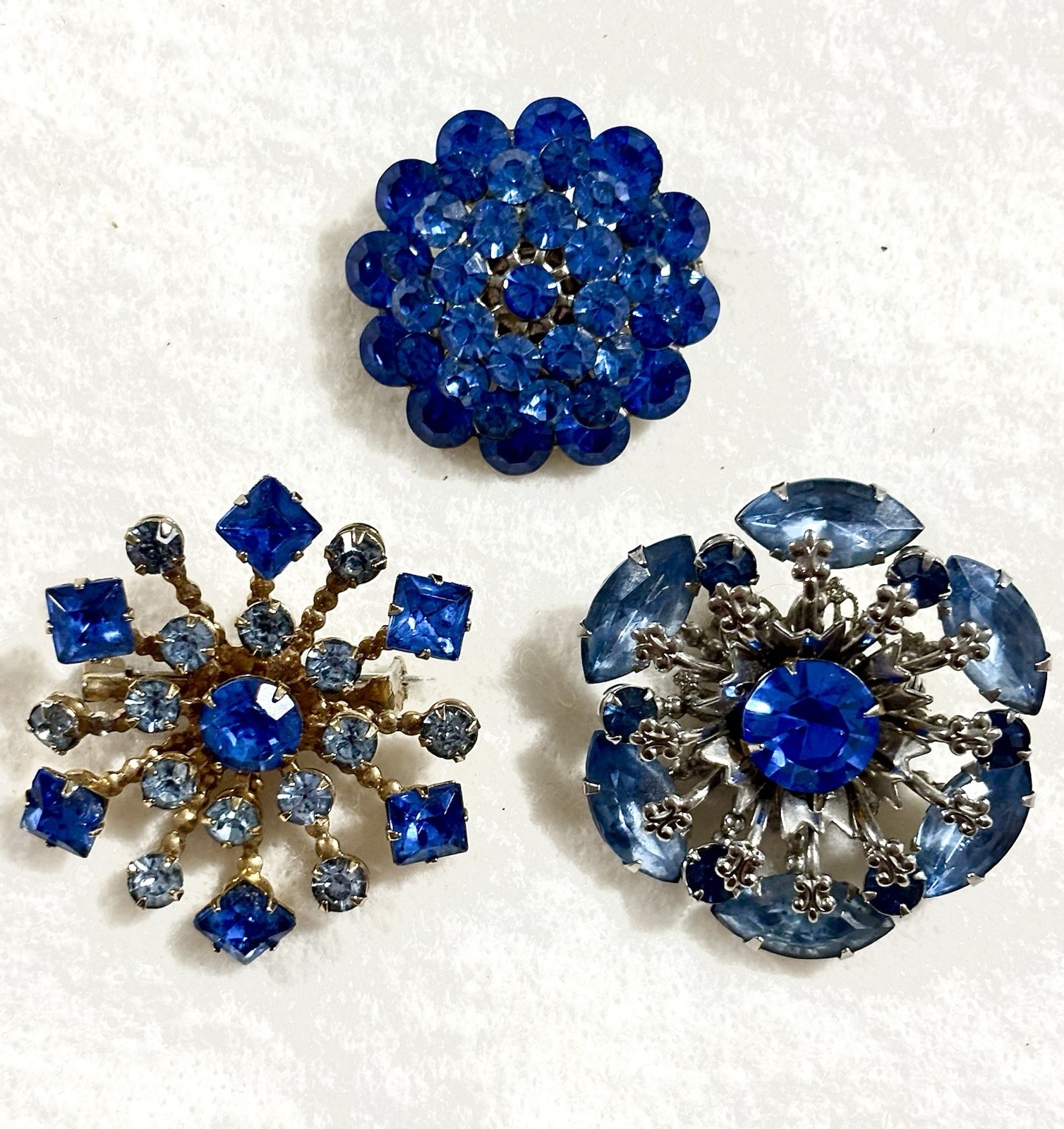 Vintage Blue Rhinestone Brooch Lot Atomic Starburst Navette Mid Century Glam