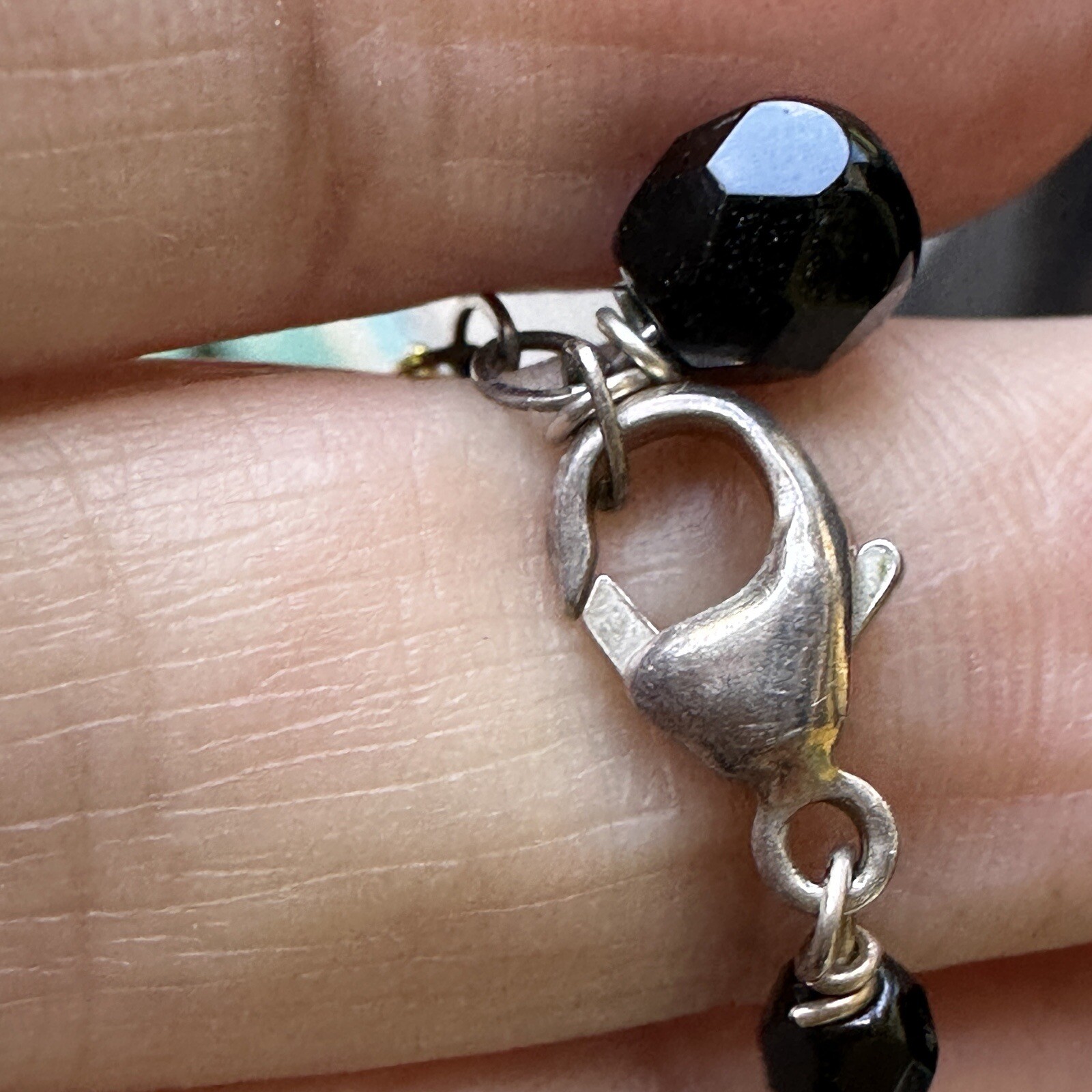 VTG Beaded Necklace 22 Inch Polished Glass Oval Black Faceted 925 Sterling