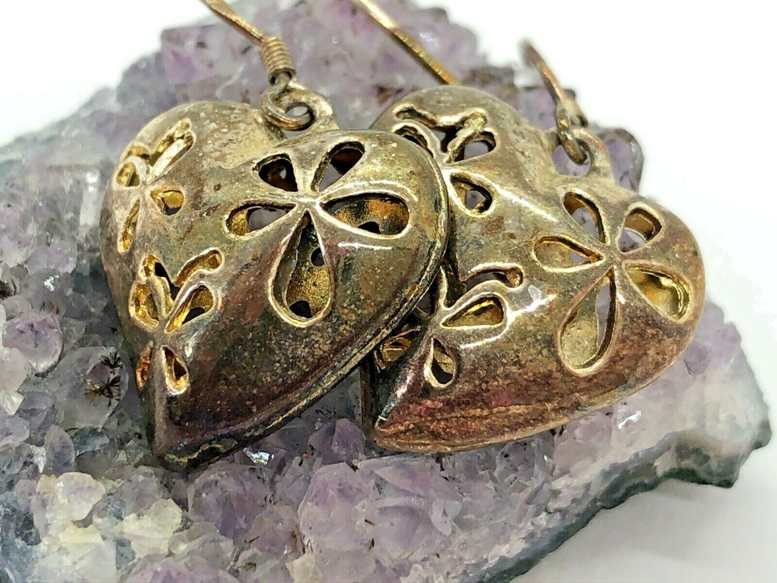 Vintage Sterling Silver Floral Hearts Flowers Dangle Earrings 5.6 Grams