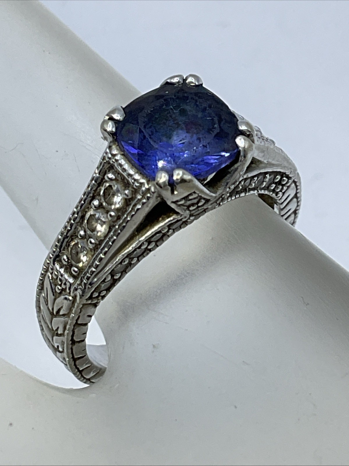 Ladies Ring Solid 14K White Gold Cushion Blue Stone & Diamonds VINTAGE HANDMADE