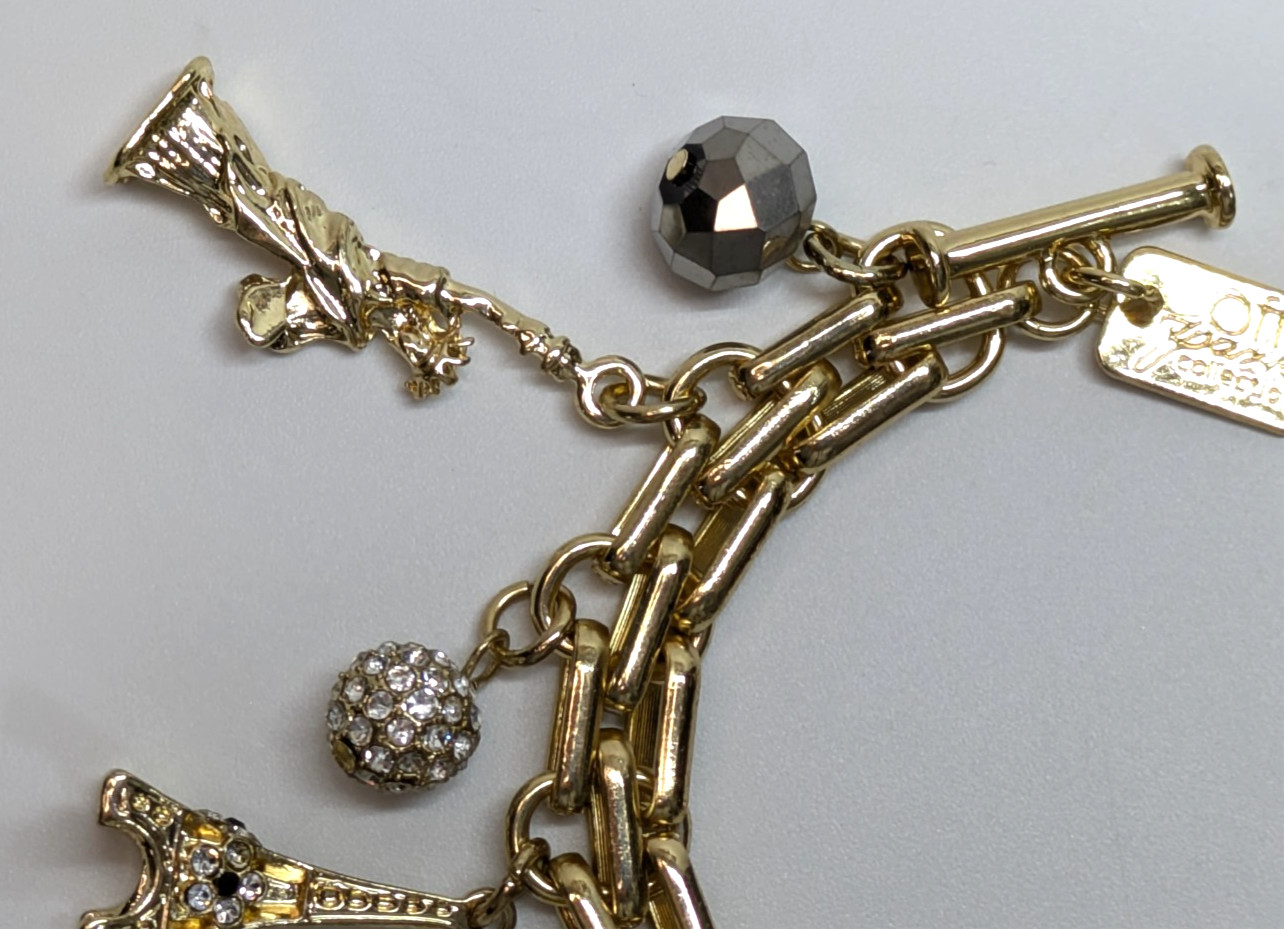 VTG Off Park Collection Gold Tone Travel Charm Bracelet Eiffel Tower Camera 8-9″