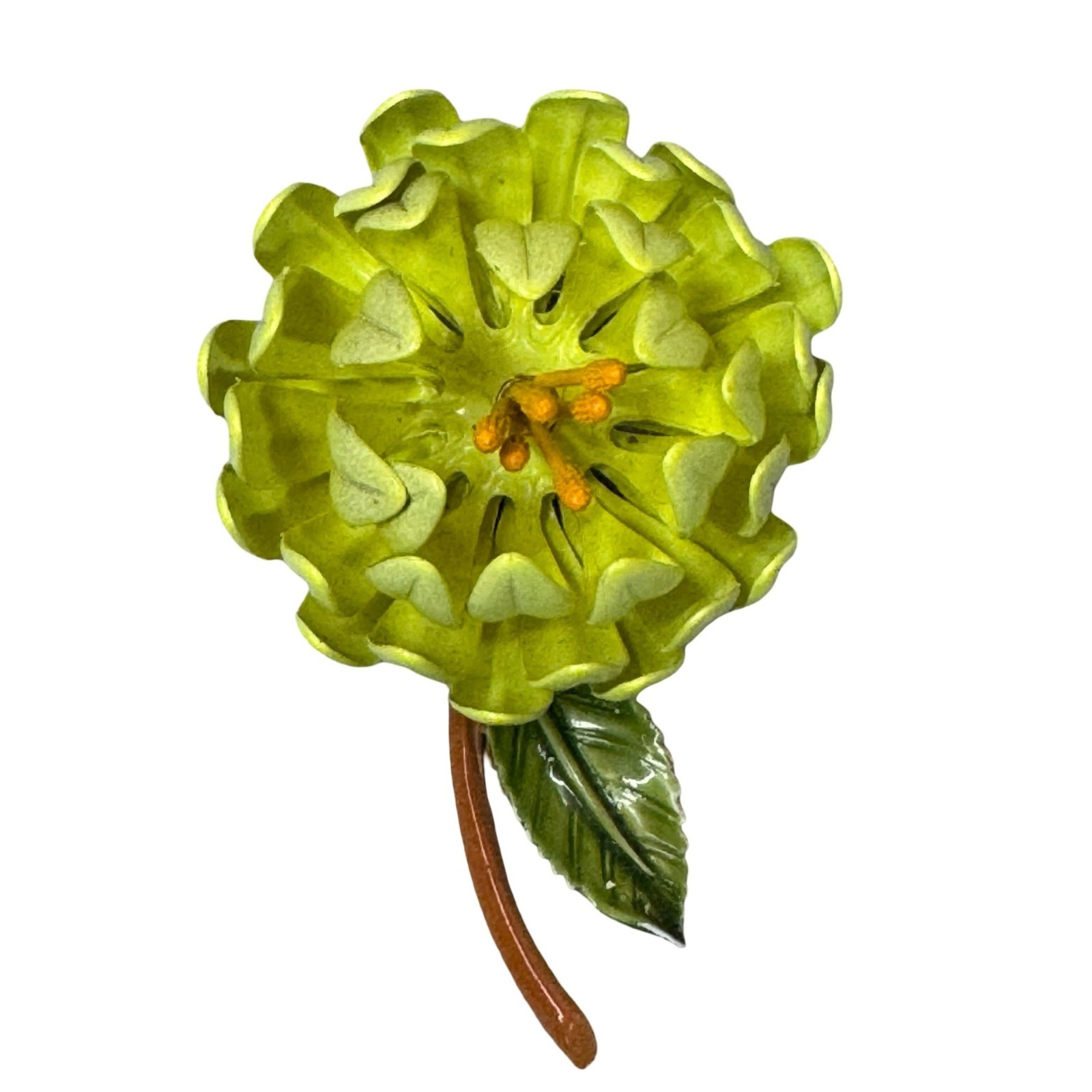 Vintage Yellow Lime Green Chrysanthemum Flower Brooch 3″ Enamel Floral Pin
