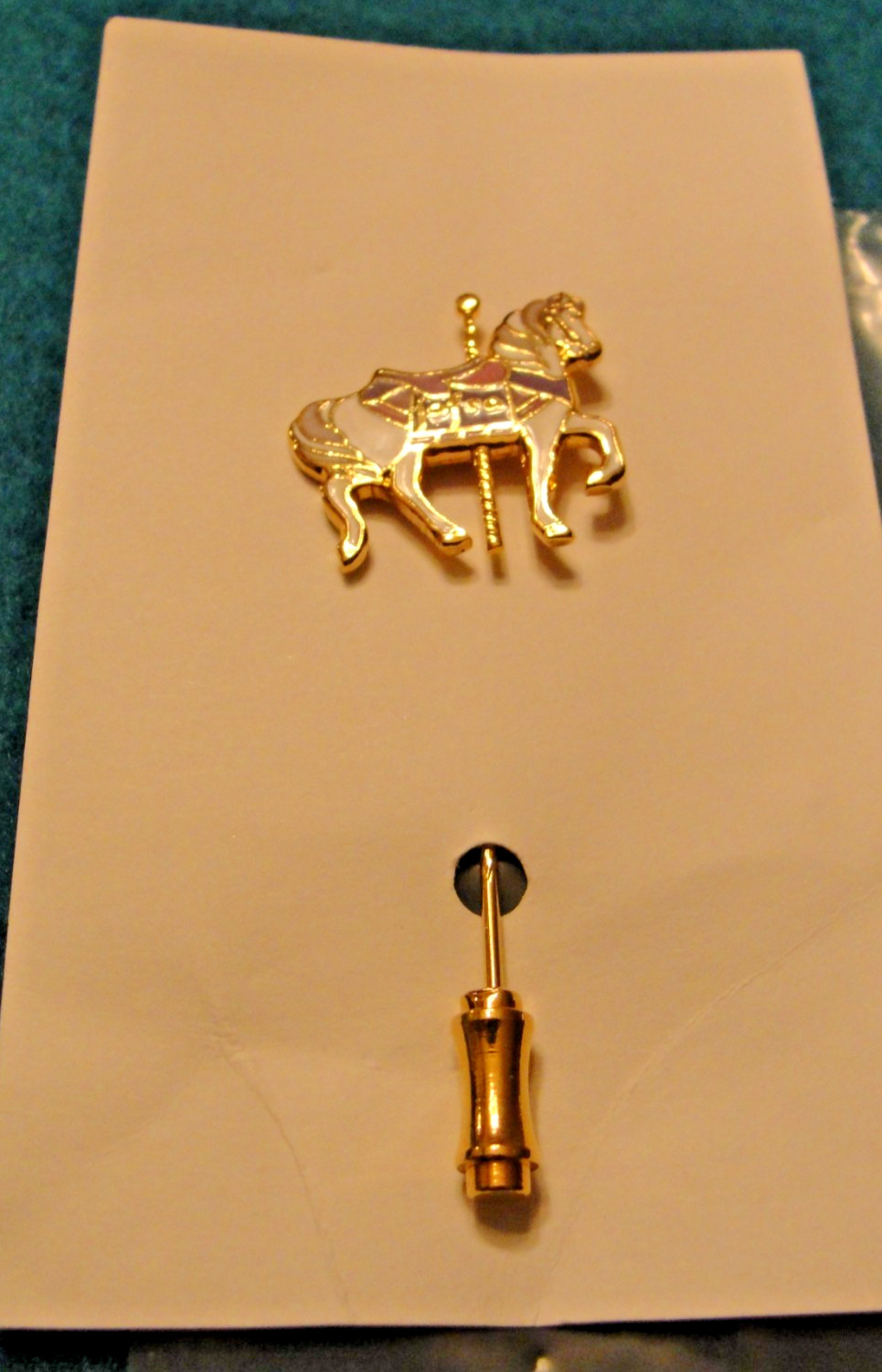 Vtg Enamel Carousel Horse Stick Pin Jafra Costume Jewelry Purple Pink White Gold