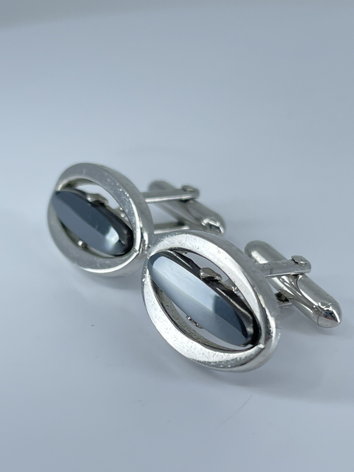 Vintage Swank hematite cufflinks long oval open silver tone design 3/4″