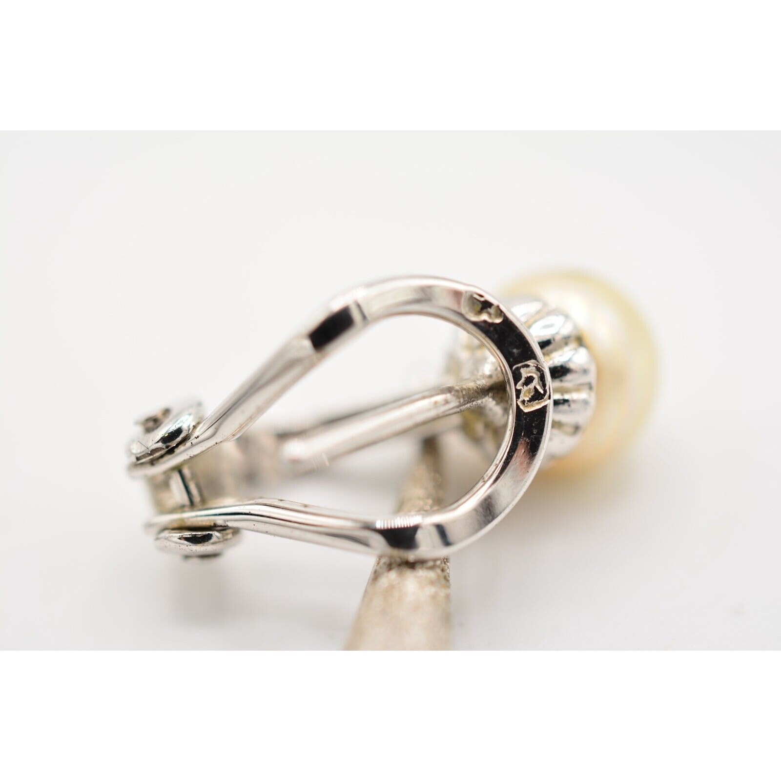 Vintage Dangle Earrings Silver Tone Faux Pearl Drop Textured Signed 1980s Bin7