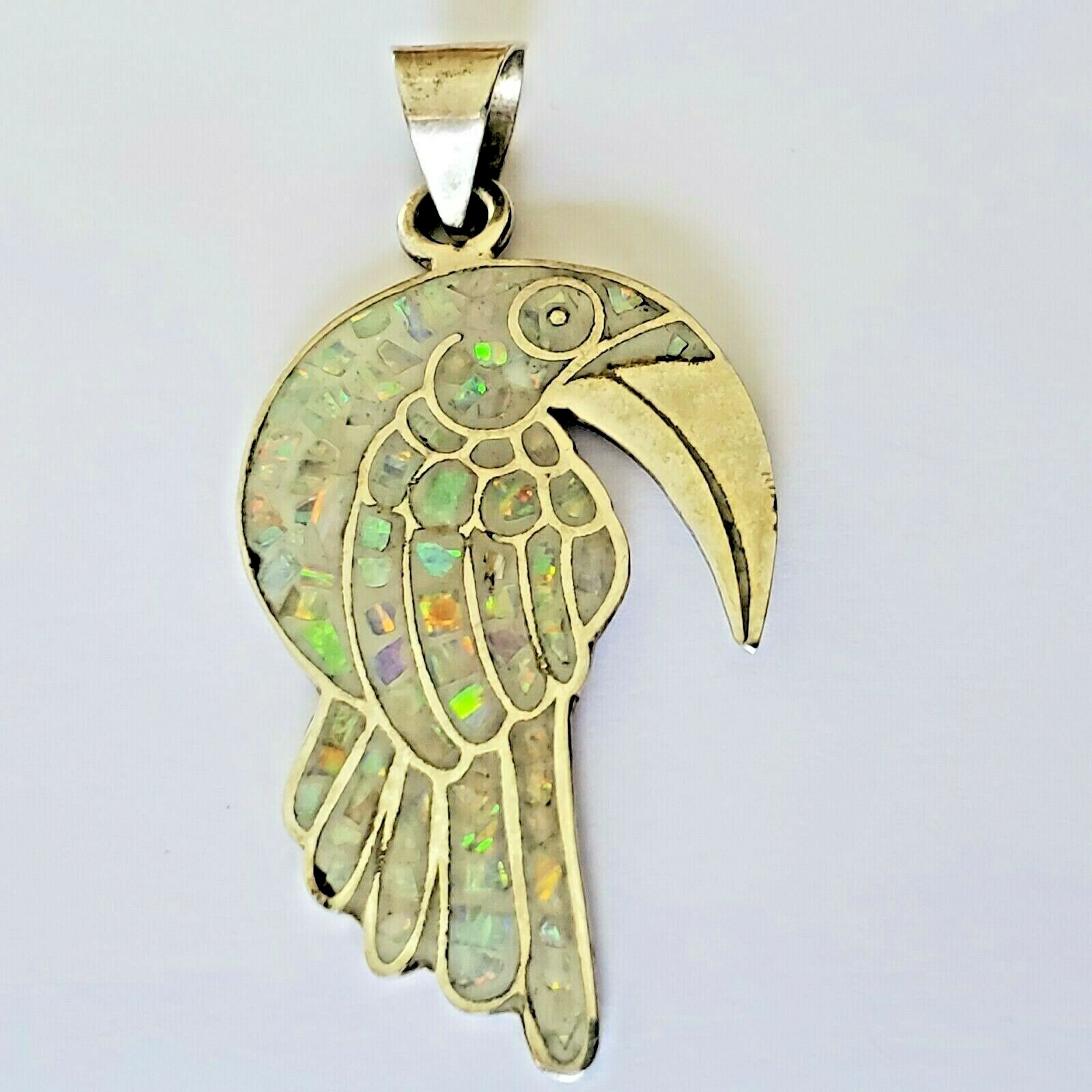 Vintage 925 Sterling Silver Iridescent Faux Opal Chip Inlay Toucan Large Pendant