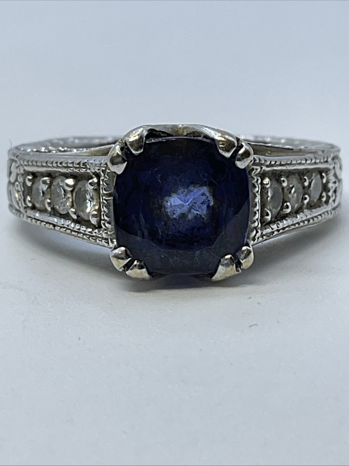 Ladies Ring Solid 14K White Gold Cushion Blue Stone & Diamonds VINTAGE HANDMADE