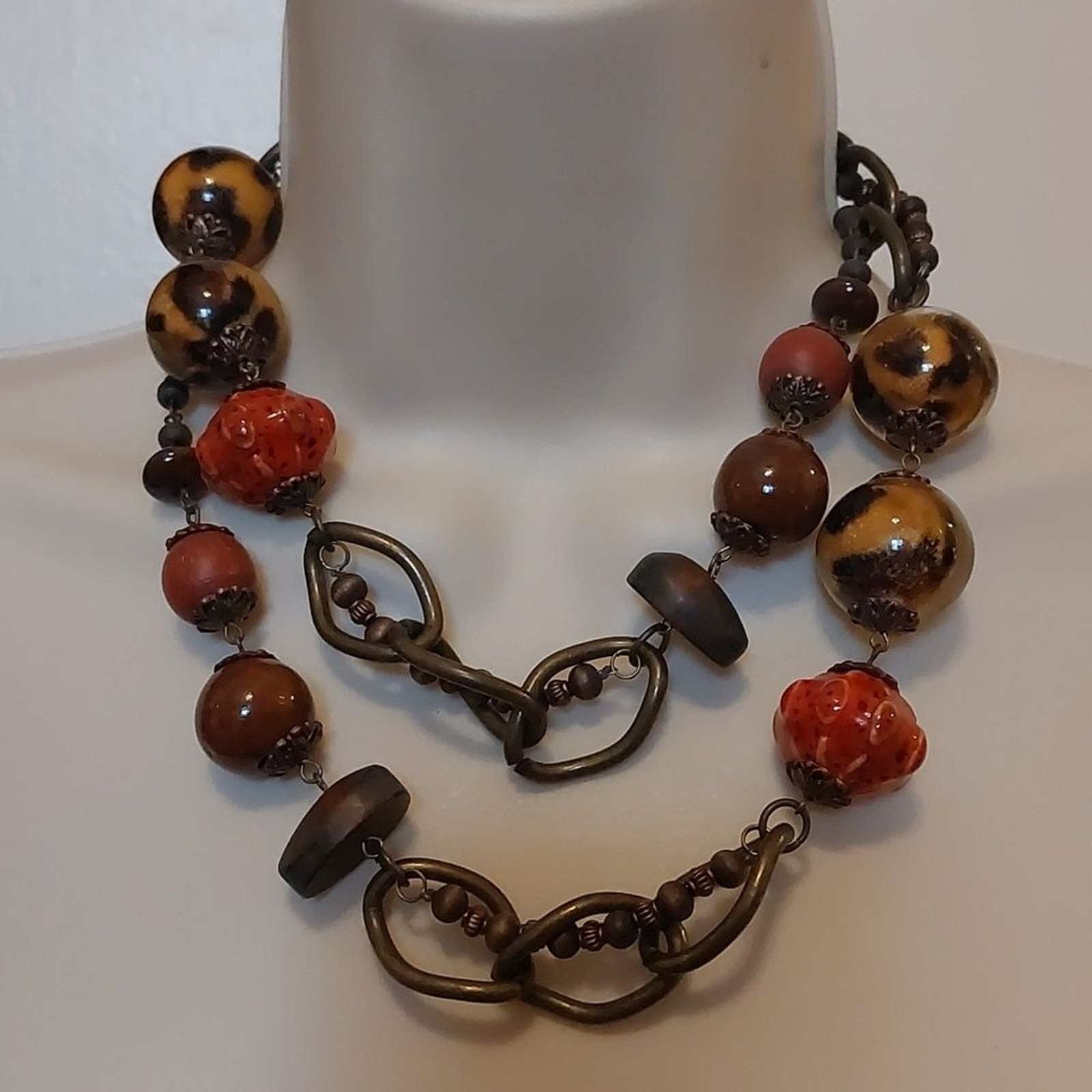 OOAK Unique Vintage Artisal Mixed Media Necklace Copper Wood Glass Ceramic