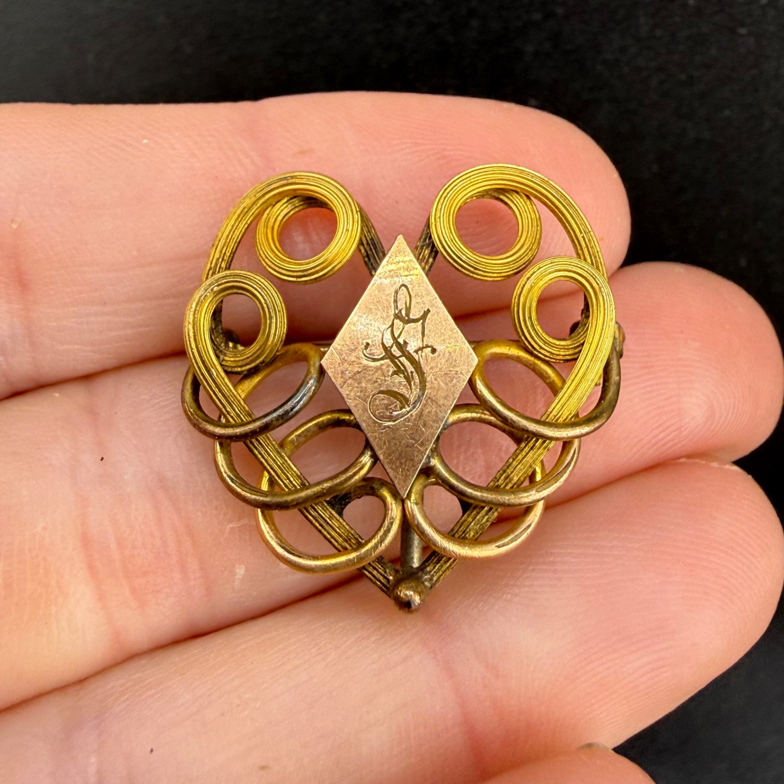 Vintage Art Nouveau Watch Pin Gold Filled Brooch Engraved
