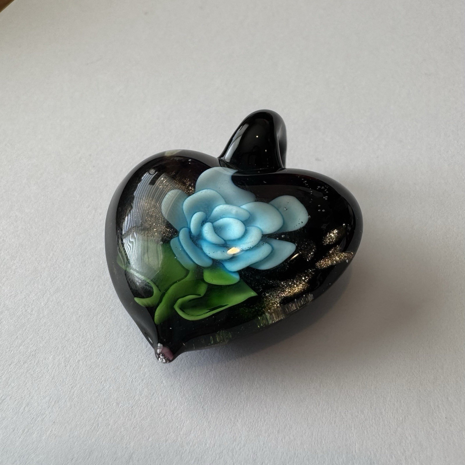 Lampwork Glass Heart Pendant with Radiant Blue Floral Blossom and Gold Glitter