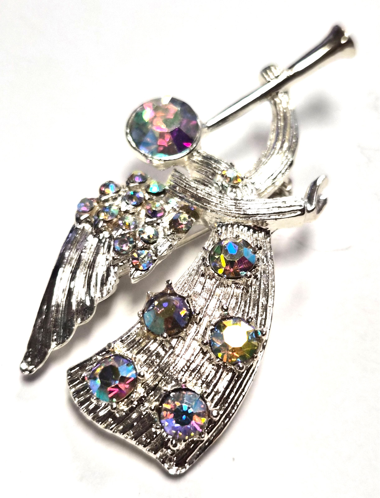 Vintage 90’s Christmas Trumpet Angel W/ Aurora Borealis Rhinestones Pin / Brooch