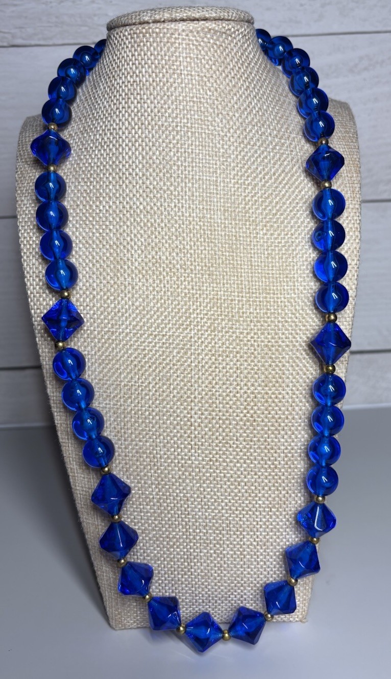 Vintage Blue Lucite Bicone Round Bead Necklace 23” Brass Spacers MCM