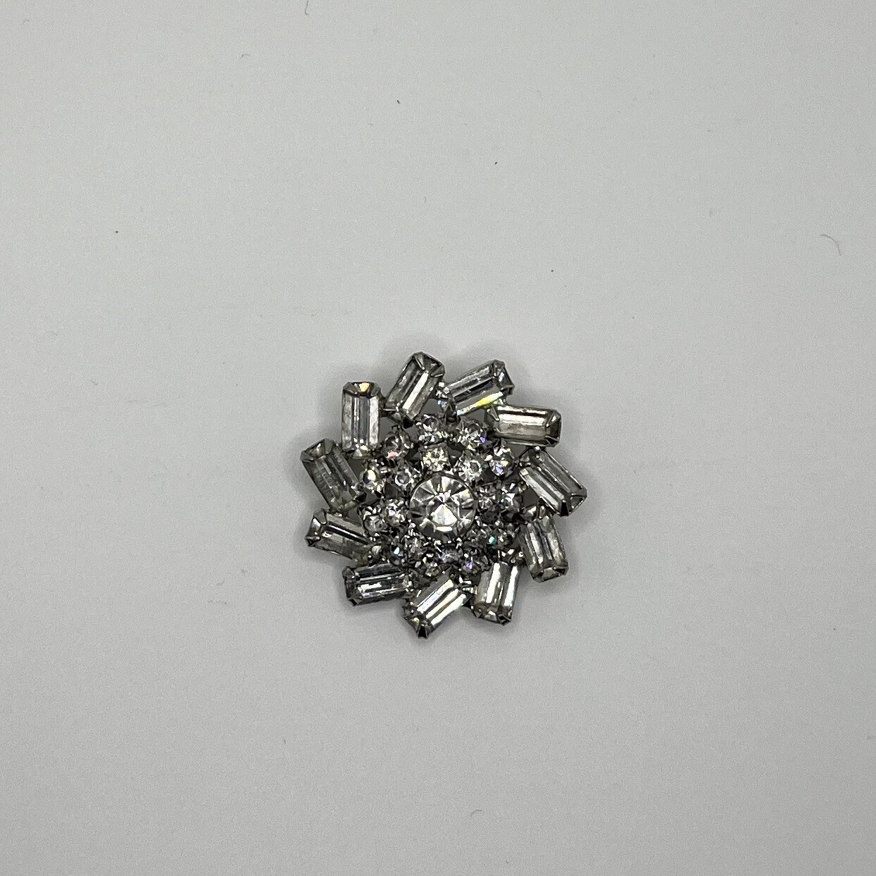 Vintage Emerald Cut and Round Clear Rhinestone Multi-Tiered Prong Set Brooch Pin